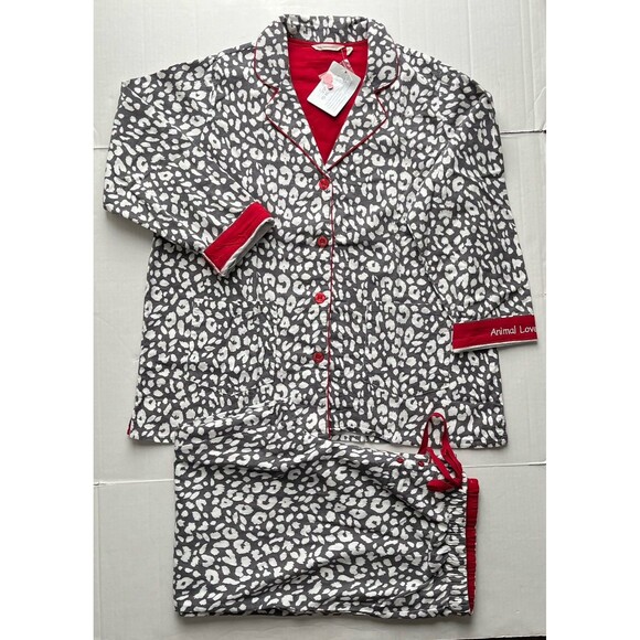 Soft Surroundings 2-PC Pajama Set Gray/White Flannel Animal Print Red Trim Sz 1X - Picture 3 of 15